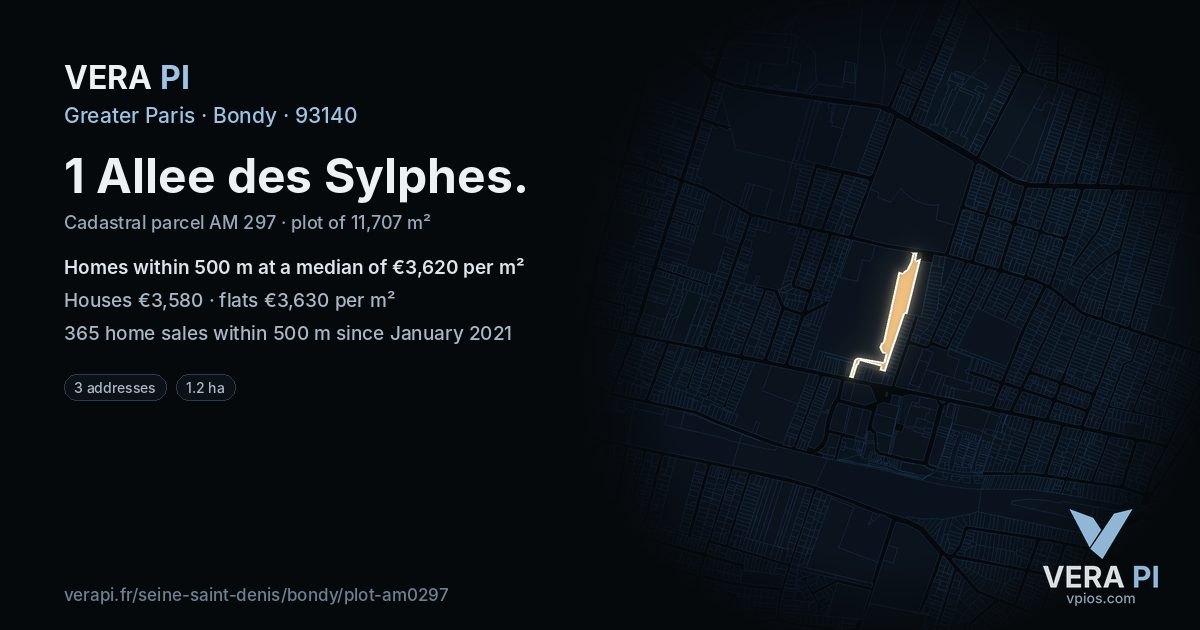 1 Allee des Sylphes, Bondy at night – the plot lit, the parcels around coloured by the prices near them