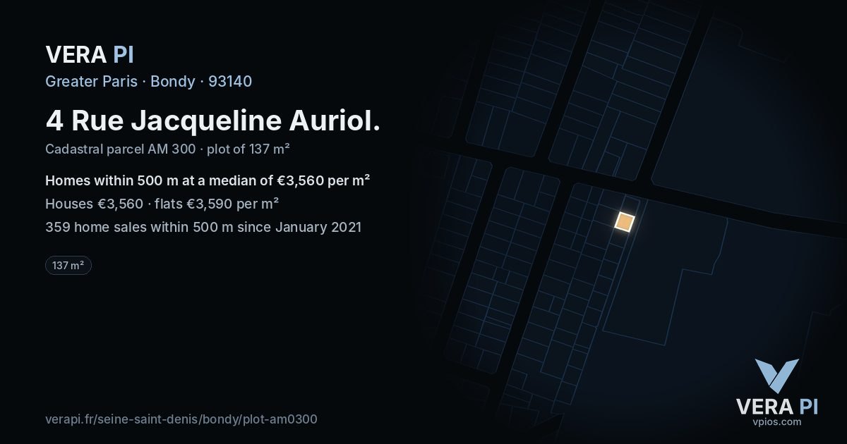 4 Rue Jacqueline Auriol, Bondy at night – the plot lit, the parcels around coloured by the prices near them