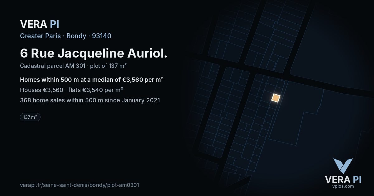 6 Rue Jacqueline Auriol, Bondy at night – the plot lit, the parcels around coloured by the prices near them