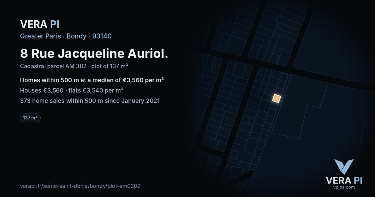 8 Rue Jacqueline Auriol, Bondy at night – the plot lit, the parcels around coloured by the prices near them
