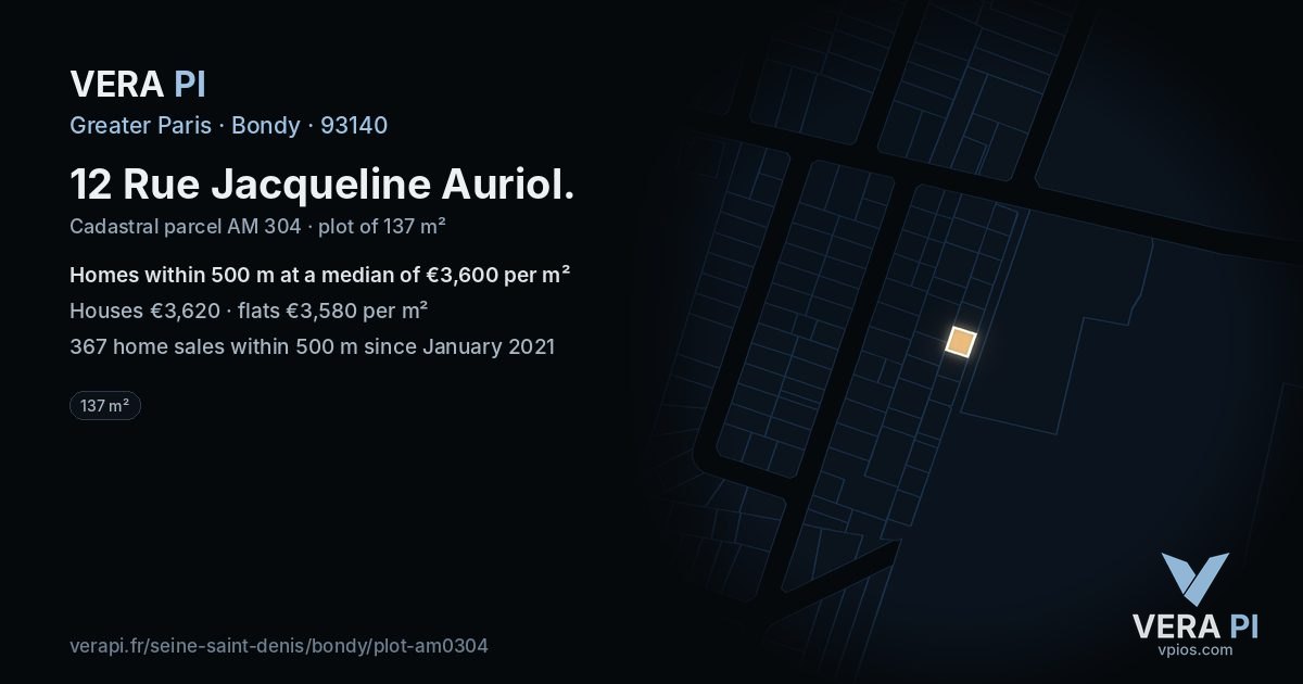 12 Rue Jacqueline Auriol, Bondy at night – the plot lit, the parcels around coloured by the prices near them