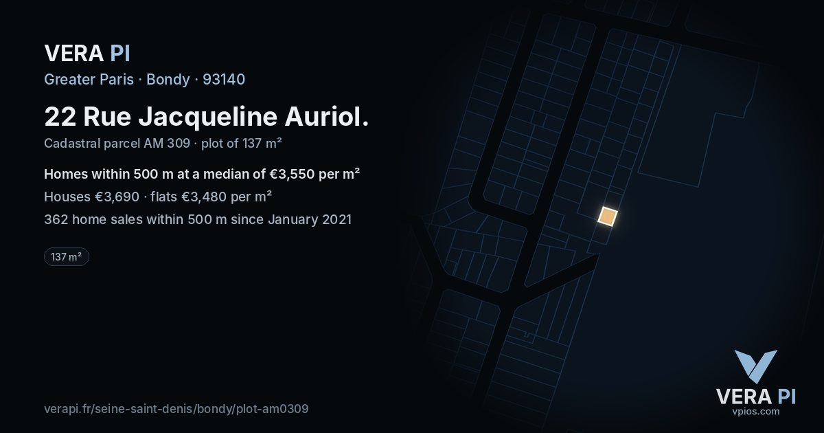 22 Rue Jacqueline Auriol, Bondy at night – the plot lit, the parcels around coloured by the prices near them