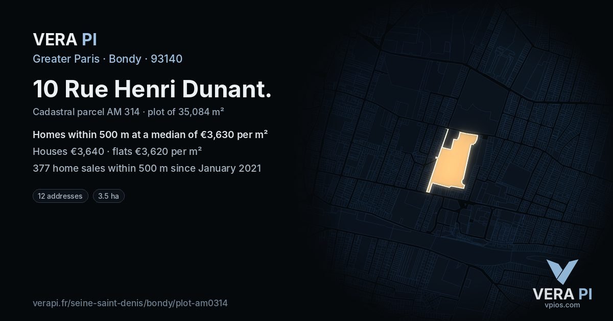 10 Rue Henri Dunant, Bondy at night – the plot lit, the parcels around coloured by the prices near them