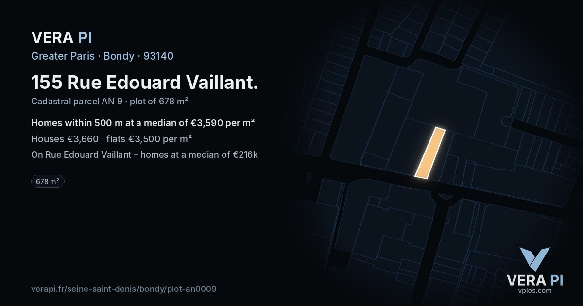 155 Rue Edouard Vaillant, Bondy at night – the plot lit, the parcels around coloured by the prices near them