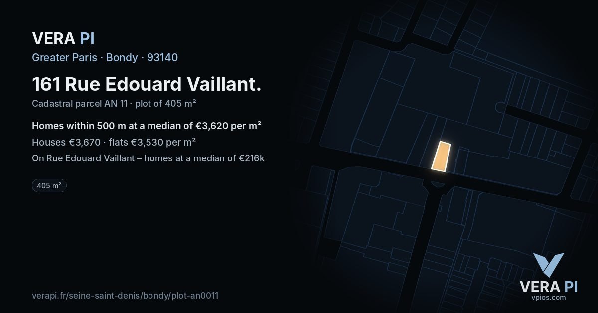161 Rue Edouard Vaillant, Bondy at night – the plot lit, the parcels around coloured by the prices near them