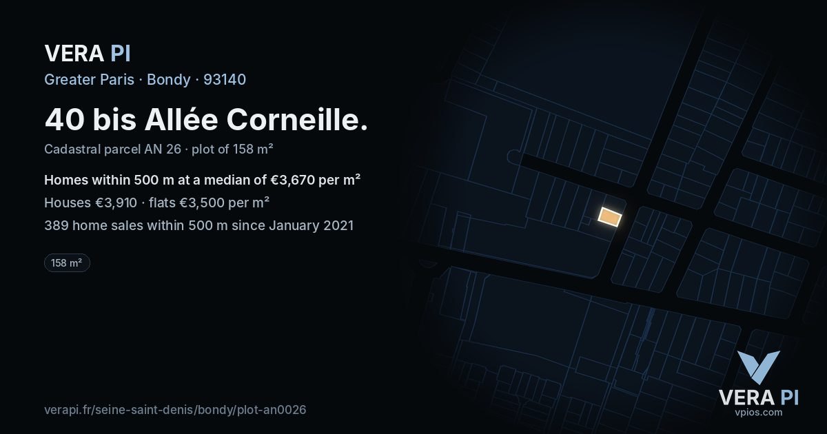 40 bis Allée Corneille, Bondy at night – the plot lit, the parcels around coloured by the prices near them