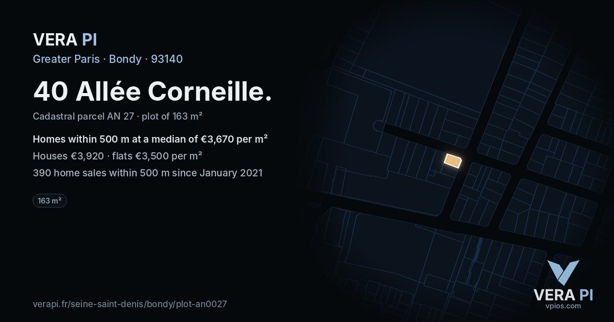 40 Allée Corneille, Bondy at night – the plot lit, the parcels around coloured by the prices near them