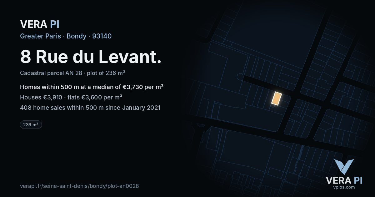 8 Rue du Levant, Bondy at night – the plot lit, the parcels around coloured by the prices near them
