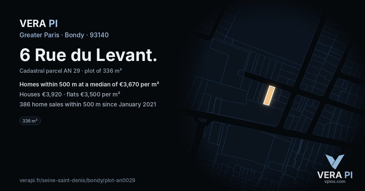 6 Rue du Levant, Bondy at night – the plot lit, the parcels around coloured by the prices near them