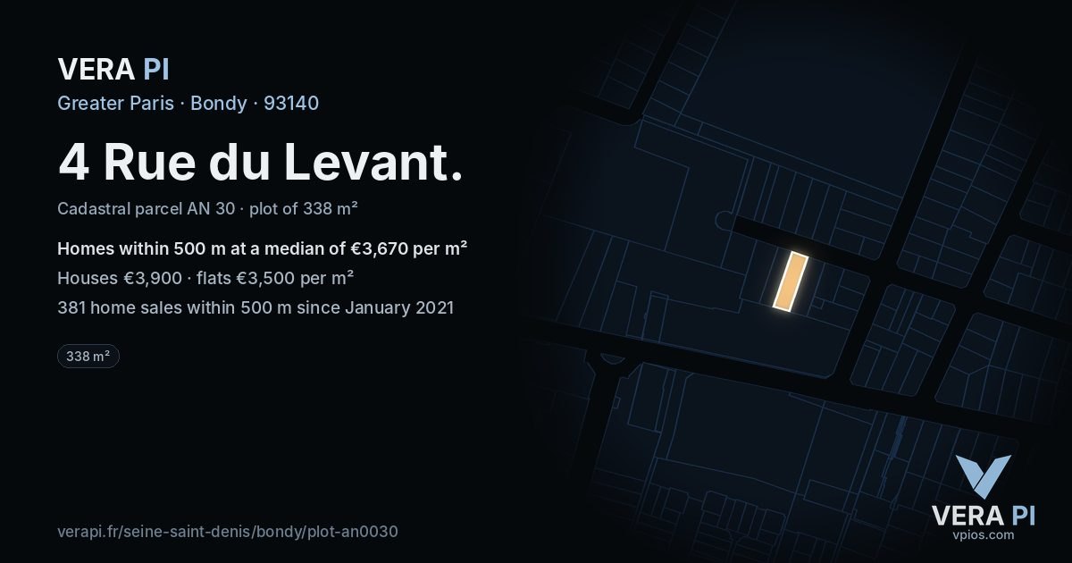 4 Rue du Levant, Bondy at night – the plot lit, the parcels around coloured by the prices near them