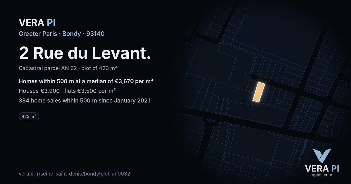 2 Rue du Levant, Bondy at night – the plot lit, the parcels around coloured by the prices near them