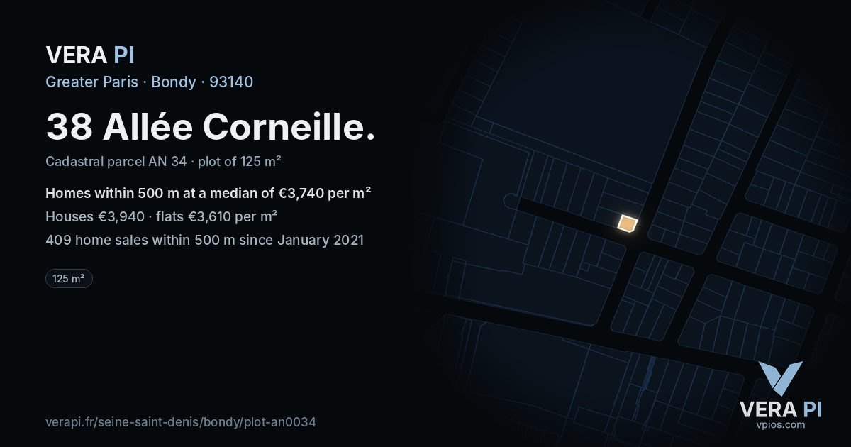 38 Allée Corneille, Bondy at night – the plot lit, the parcels around coloured by the prices near them