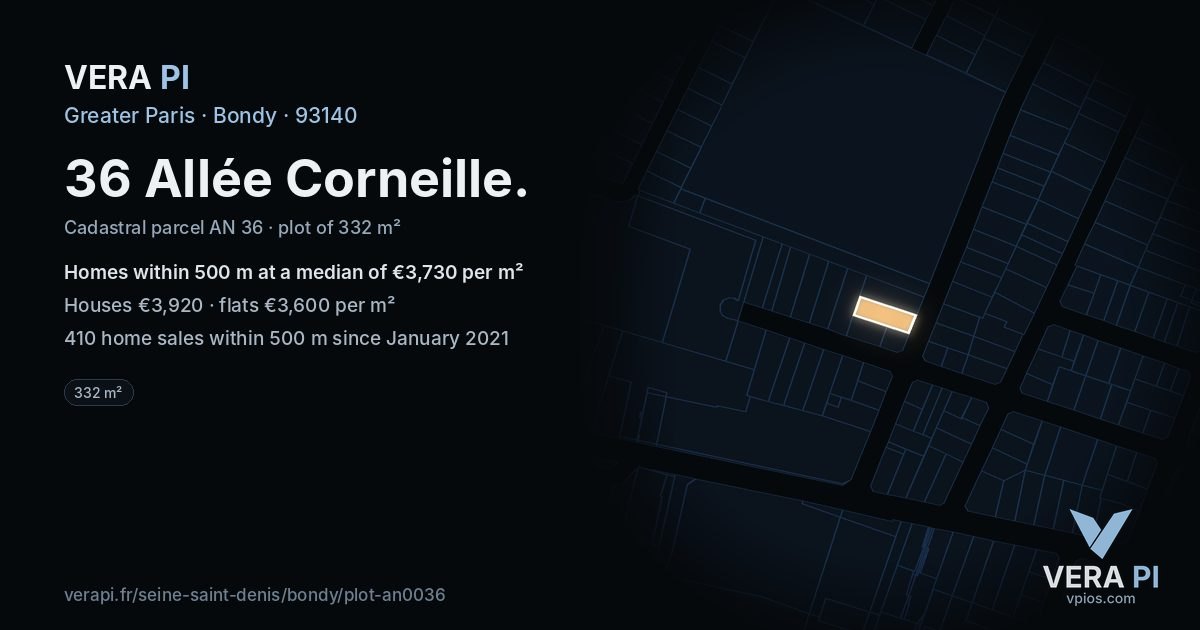 36 Allée Corneille, Bondy at night – the plot lit, the parcels around coloured by the prices near them