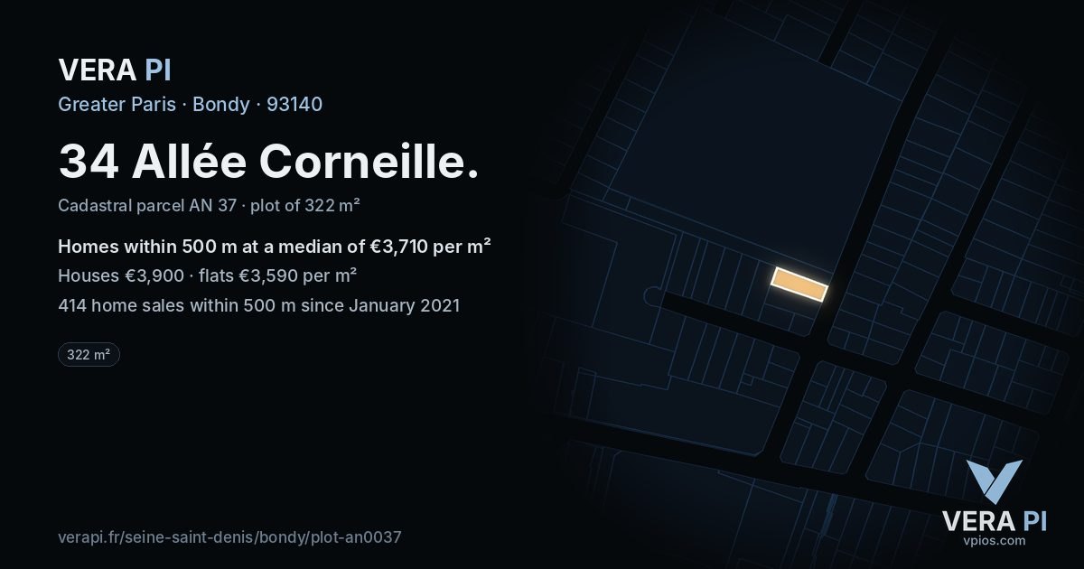 34 Allée Corneille, Bondy at night – the plot lit, the parcels around coloured by the prices near them