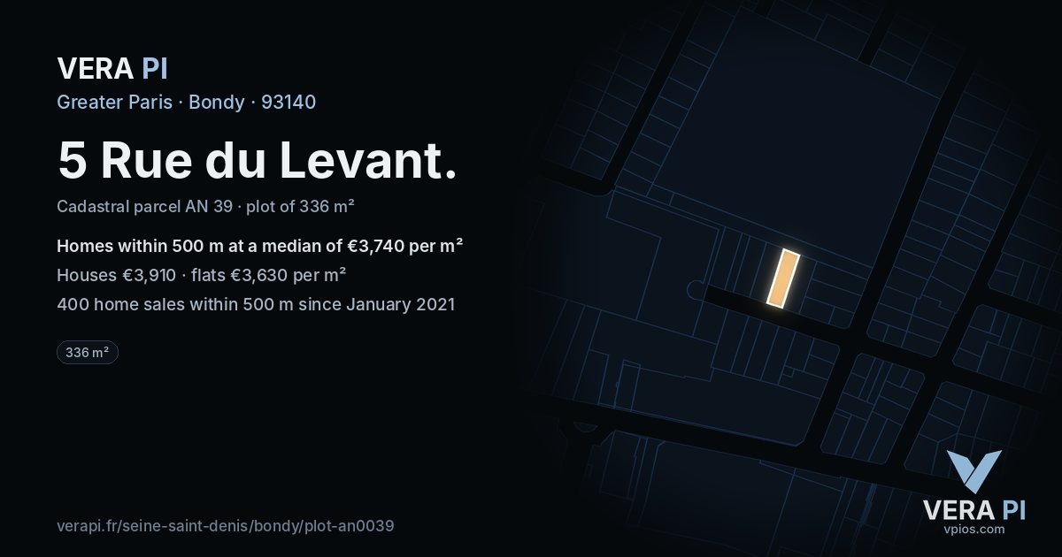 5 Rue du Levant, Bondy at night – the plot lit, the parcels around coloured by the prices near them