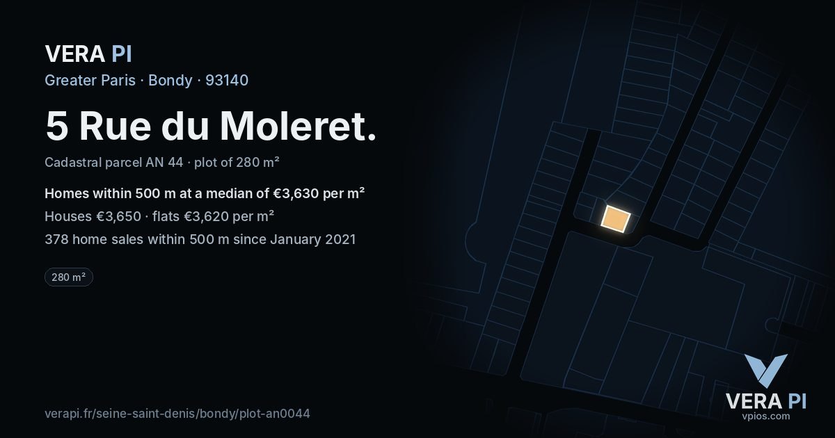 5 Rue du Moleret, Bondy at night – the plot lit, the parcels around coloured by the prices near them