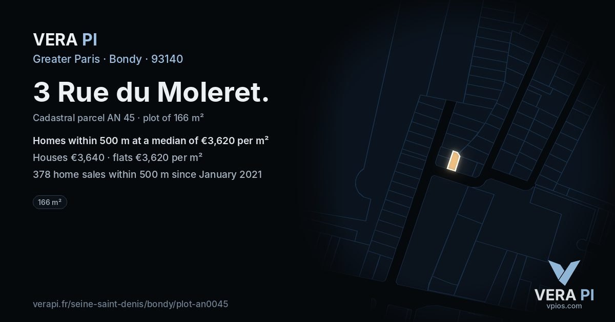 3 Rue du Moleret, Bondy at night – the plot lit, the parcels around coloured by the prices near them