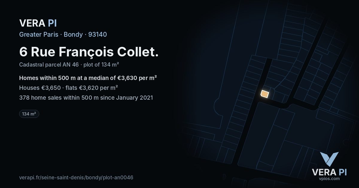 6 Rue François Collet, Bondy at night – the plot lit, the parcels around coloured by the prices near them