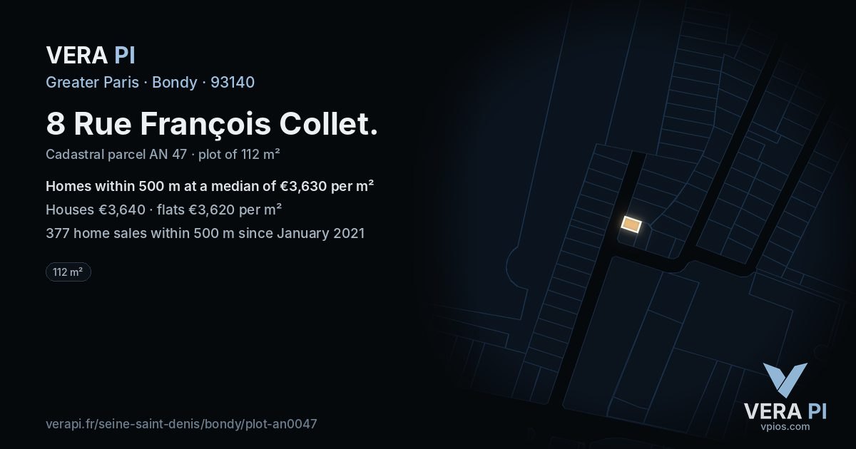 8 Rue François Collet, Bondy at night – the plot lit, the parcels around coloured by the prices near them