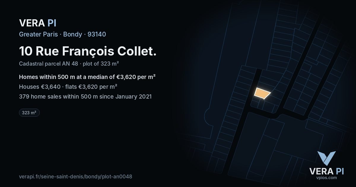 10 Rue François Collet, Bondy at night – the plot lit, the parcels around coloured by the prices near them