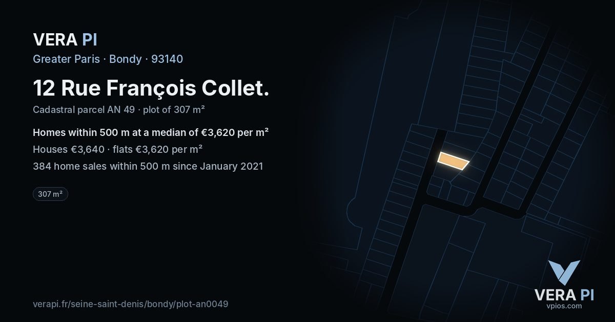 12 Rue François Collet, Bondy at night – the plot lit, the parcels around coloured by the prices near them