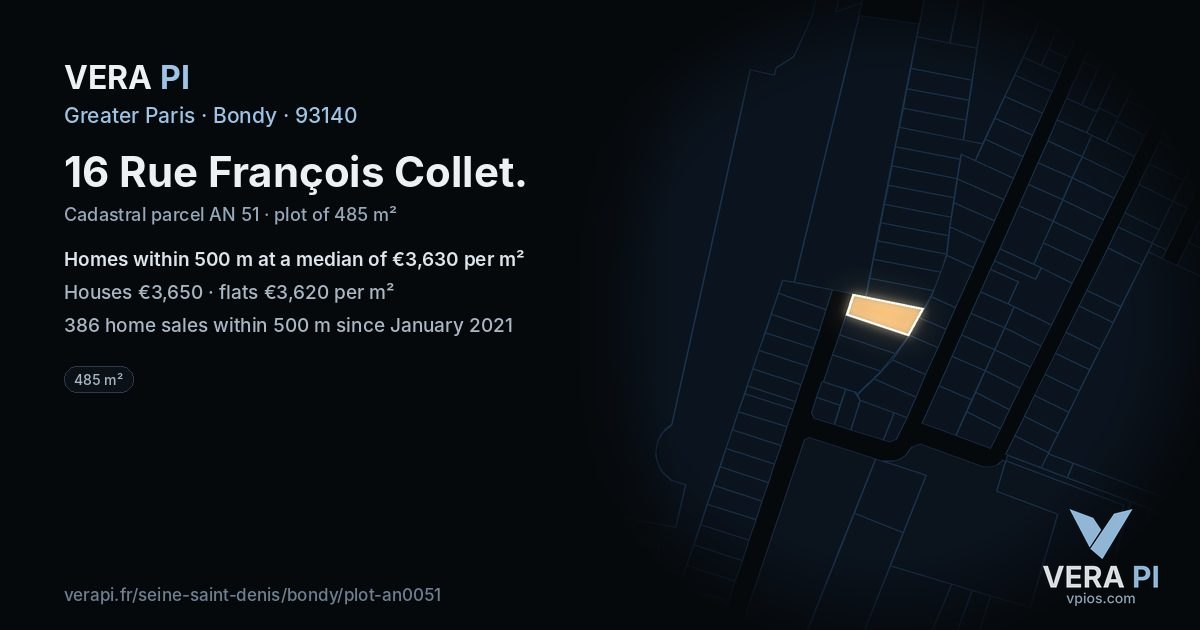 16 Rue François Collet, Bondy at night – the plot lit, the parcels around coloured by the prices near them