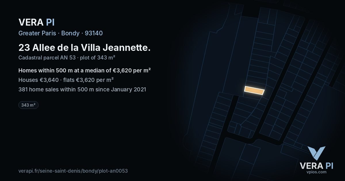 23 Allee de la Villa Jeannette, Bondy at night – the plot lit, the parcels around coloured by the prices near them