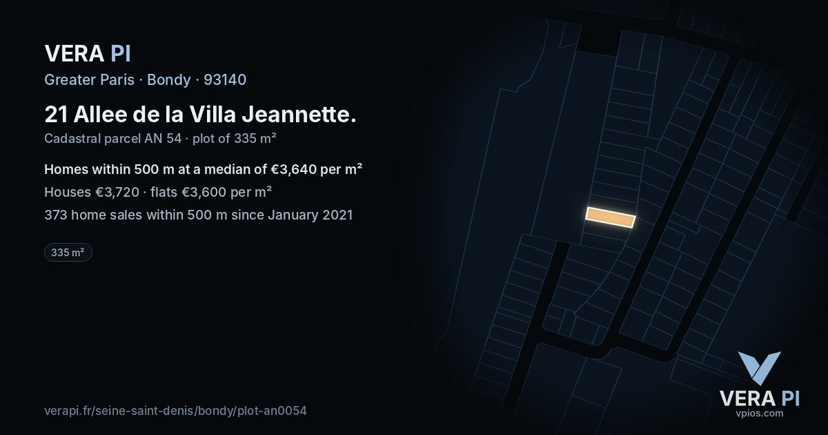 21 Allee de la Villa Jeannette, Bondy at night – the plot lit, the parcels around coloured by the prices near them