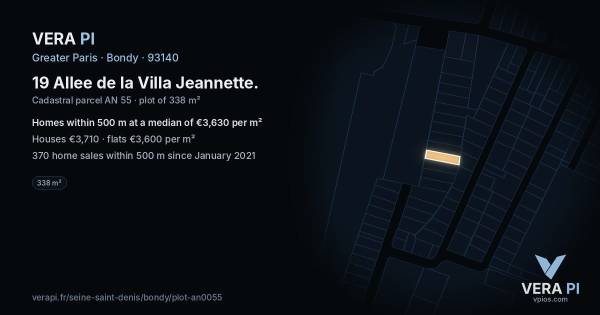 19 Allee de la Villa Jeannette, Bondy at night – the plot lit, the parcels around coloured by the prices near them