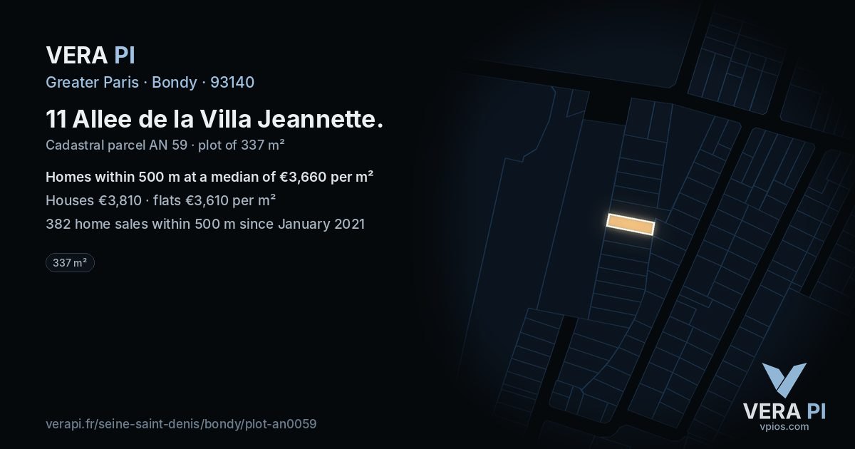 11 Allee de la Villa Jeannette, Bondy at night – the plot lit, the parcels around coloured by the prices near them