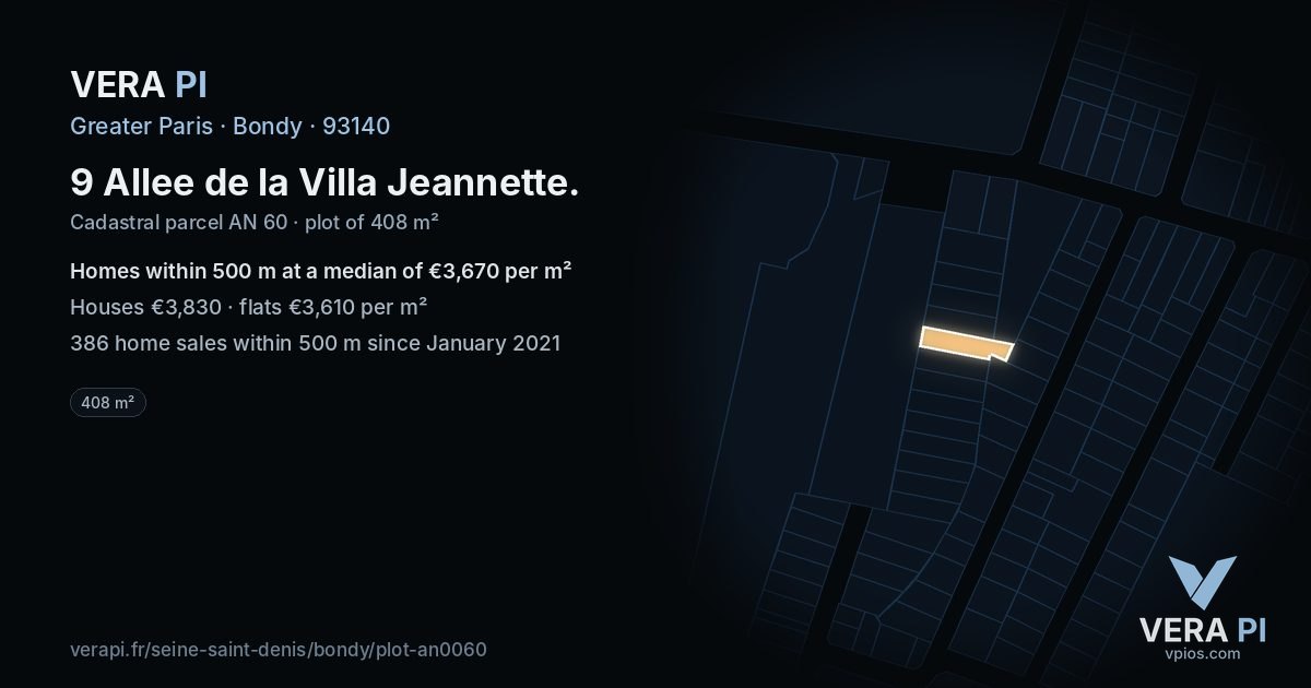 9 Allee de la Villa Jeannette, Bondy at night – the plot lit, the parcels around coloured by the prices near them