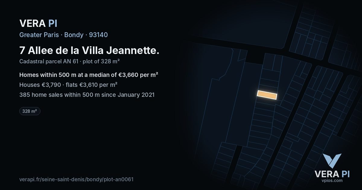 7 Allee de la Villa Jeannette, Bondy at night – the plot lit, the parcels around coloured by the prices near them