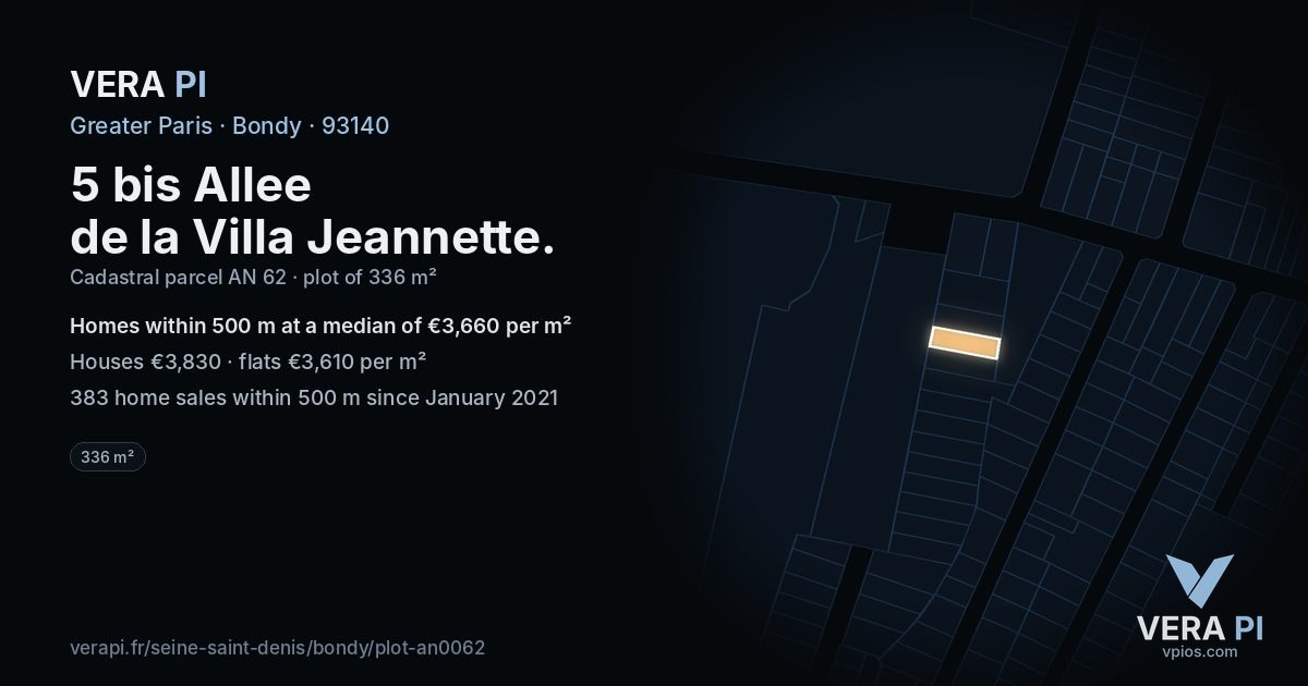 5 bis Allee de la Villa Jeannette, Bondy at night – the plot lit, the parcels around coloured by the prices near them