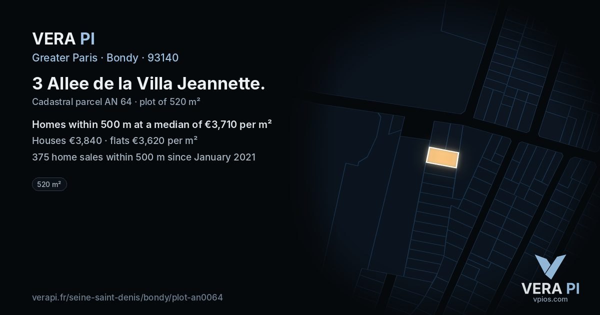 3 Allee de la Villa Jeannette, Bondy at night – the plot lit, the parcels around coloured by the prices near them