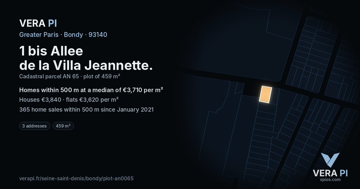 1 bis Allee de la Villa Jeannette, Bondy at night – the plot lit, the parcels around coloured by the prices near them