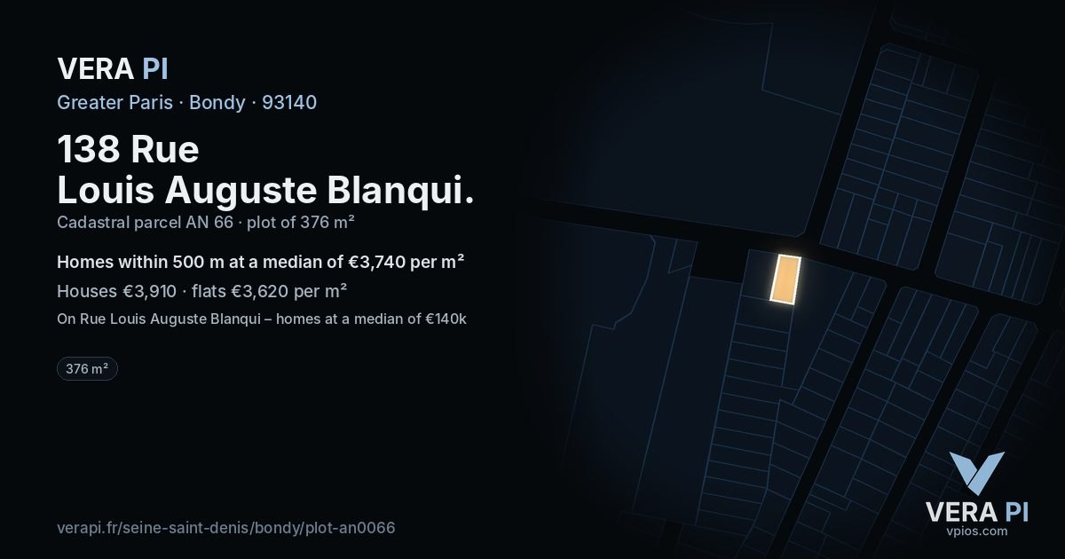 138 Rue Louis Auguste Blanqui, Bondy at night – the plot lit, the parcels around coloured by the prices near them
