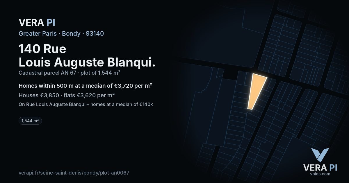 140 Rue Louis Auguste Blanqui, Bondy at night – the plot lit, the parcels around coloured by the prices near them