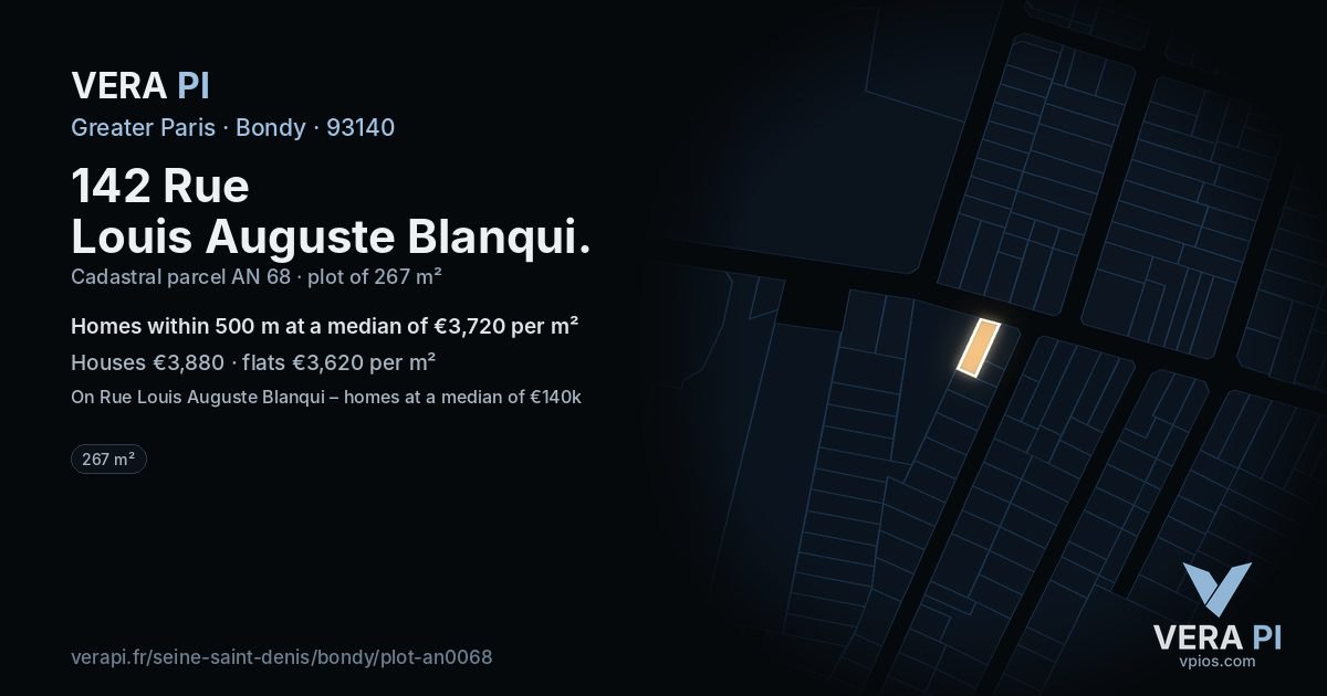 142 Rue Louis Auguste Blanqui, Bondy at night – the plot lit, the parcels around coloured by the prices near them