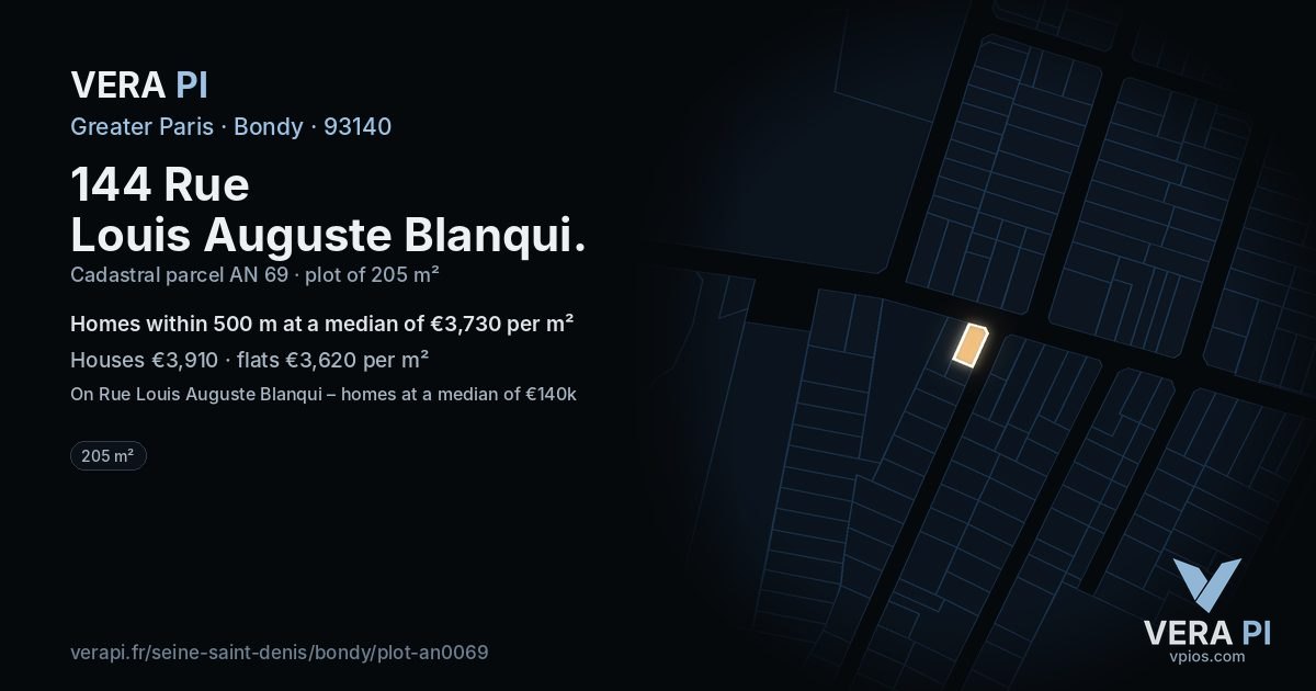 144 Rue Louis Auguste Blanqui, Bondy at night – the plot lit, the parcels around coloured by the prices near them