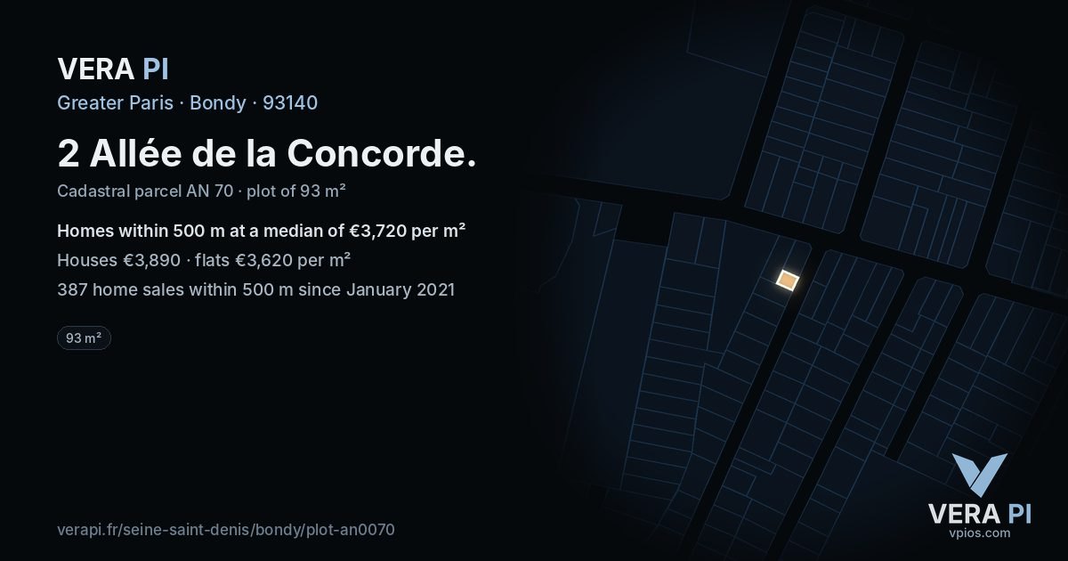 2 Allée de la Concorde, Bondy at night – the plot lit, the parcels around coloured by the prices near them