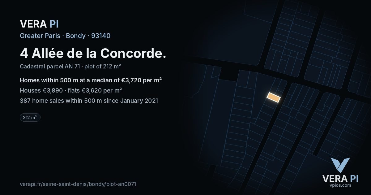 4 Allée de la Concorde, Bondy at night – the plot lit, the parcels around coloured by the prices near them