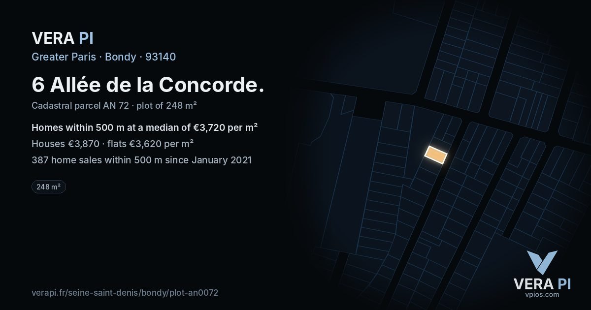 6 Allée de la Concorde, Bondy at night – the plot lit, the parcels around coloured by the prices near them