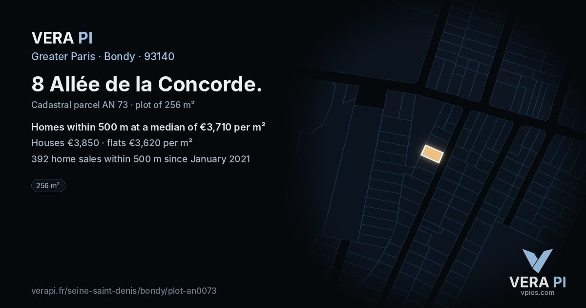 8 Allée de la Concorde, Bondy at night – the plot lit, the parcels around coloured by the prices near them