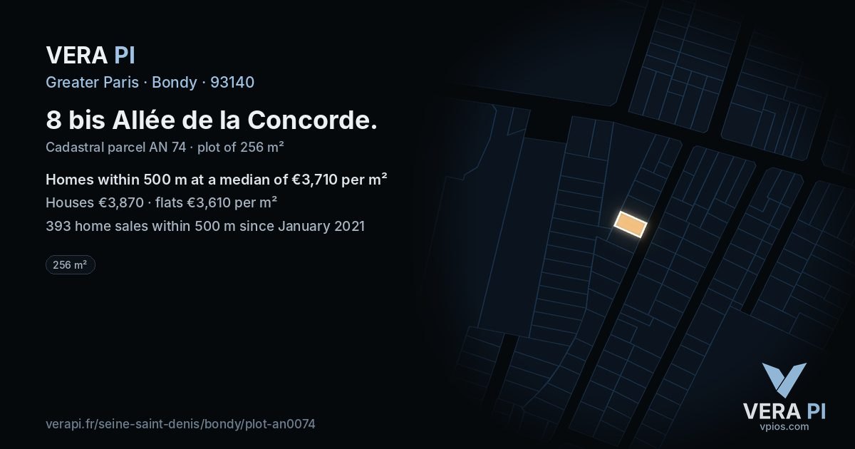 8 bis Allée de la Concorde, Bondy at night – the plot lit, the parcels around coloured by the prices near them