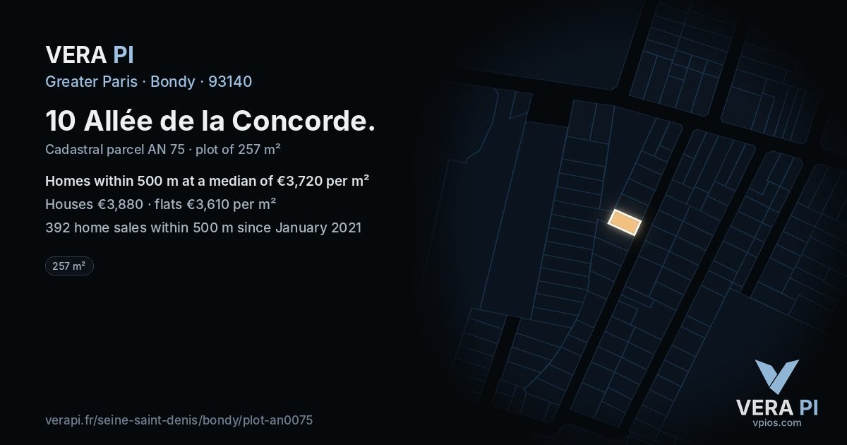 10 Allée de la Concorde, Bondy at night – the plot lit, the parcels around coloured by the prices near them