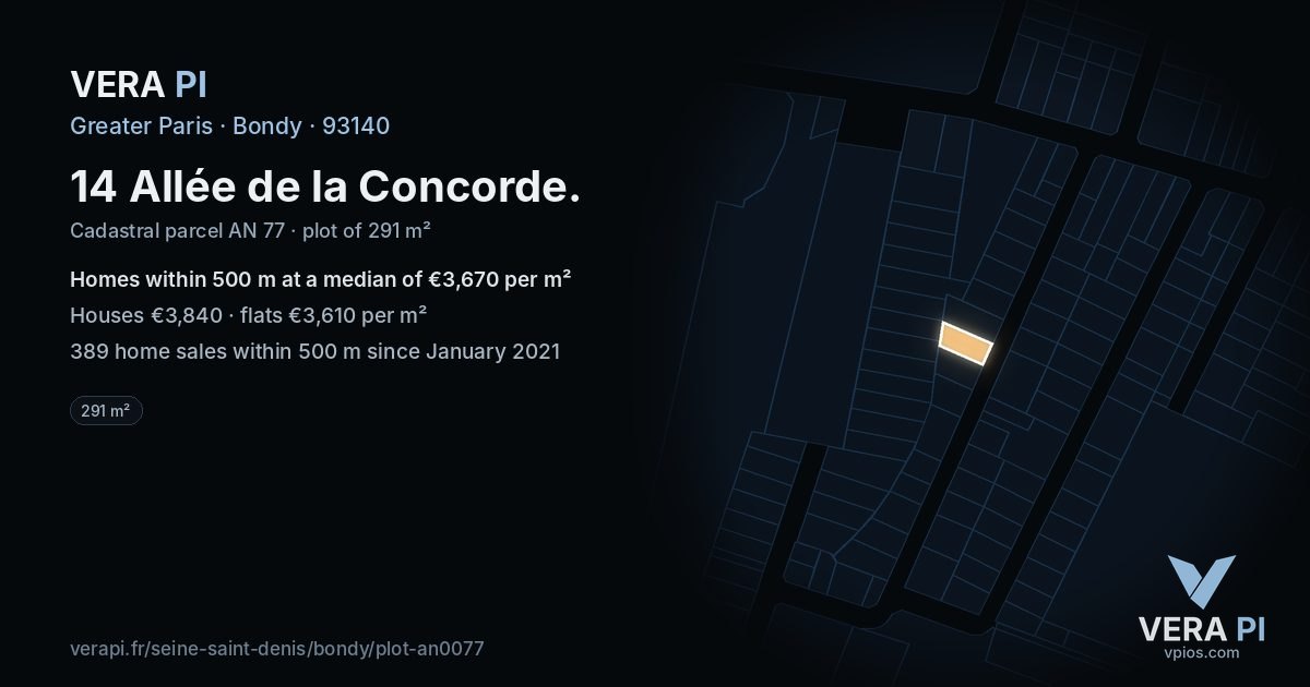 14 Allée de la Concorde, Bondy at night – the plot lit, the parcels around coloured by the prices near them
