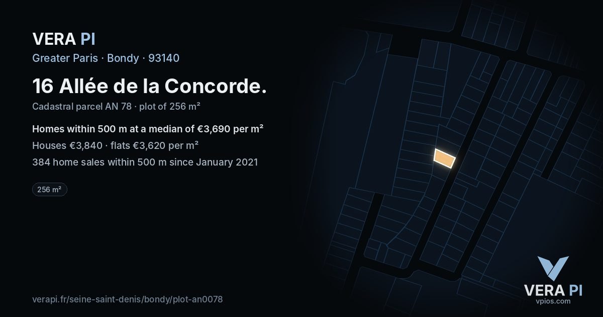 16 Allée de la Concorde, Bondy at night – the plot lit, the parcels around coloured by the prices near them
