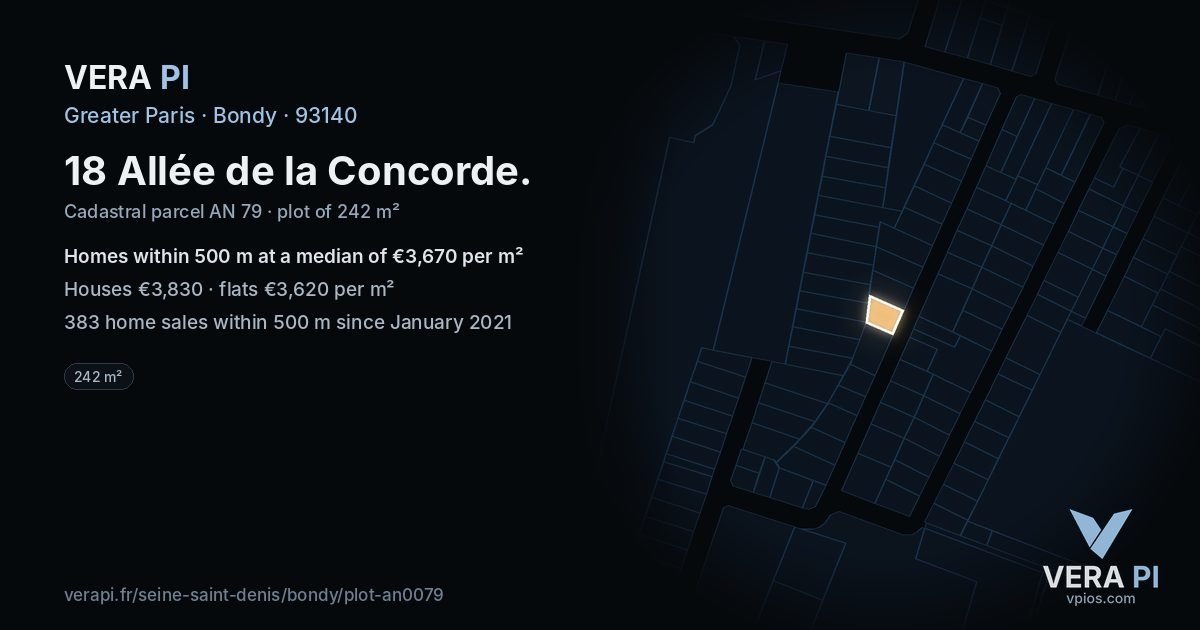 18 Allée de la Concorde, Bondy at night – the plot lit, the parcels around coloured by the prices near them