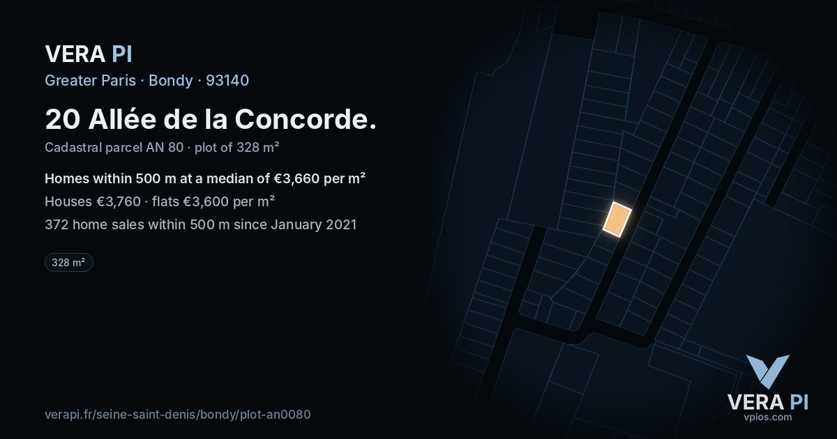 20 Allée de la Concorde, Bondy at night – the plot lit, the parcels around coloured by the prices near them