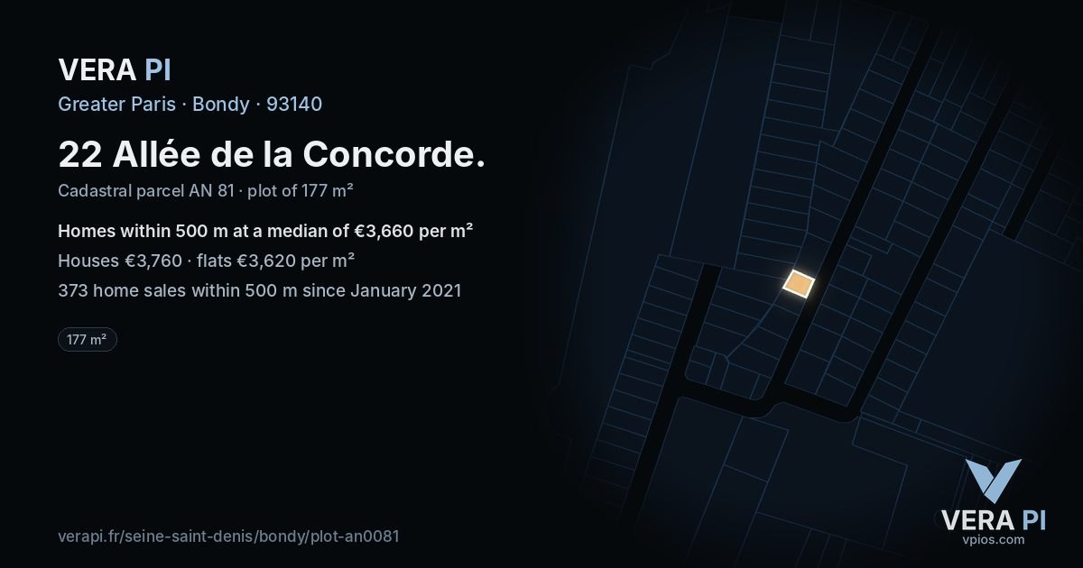 22 Allée de la Concorde, Bondy at night – the plot lit, the parcels around coloured by the prices near them
